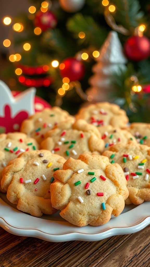 Italian Christmas Cookies Recipe A plate of Italian Christmas cookies decorated with colorful sprinkles, set in a festive holiday setting.